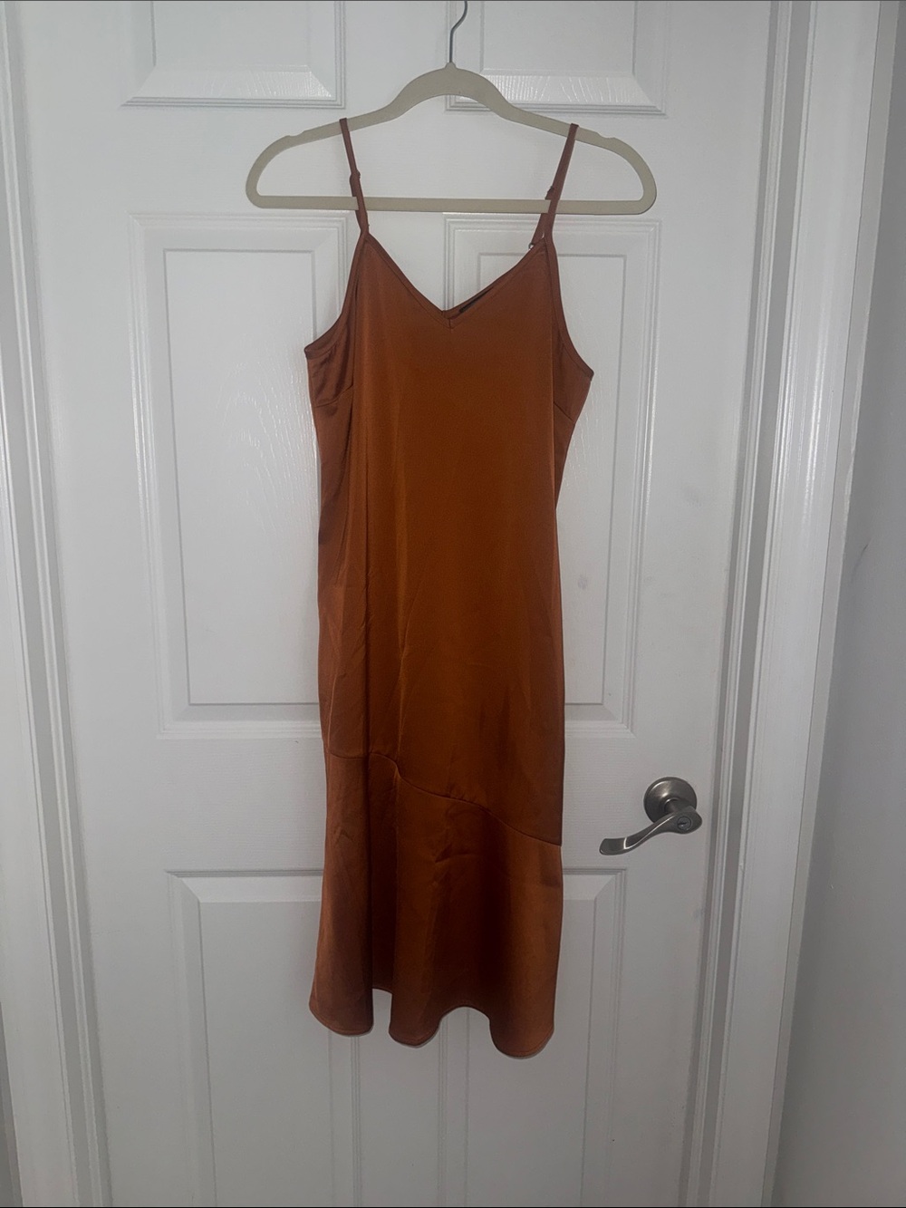 Sam Edelman Rust Satin Midi Slip Dress with Spaghetti Straps